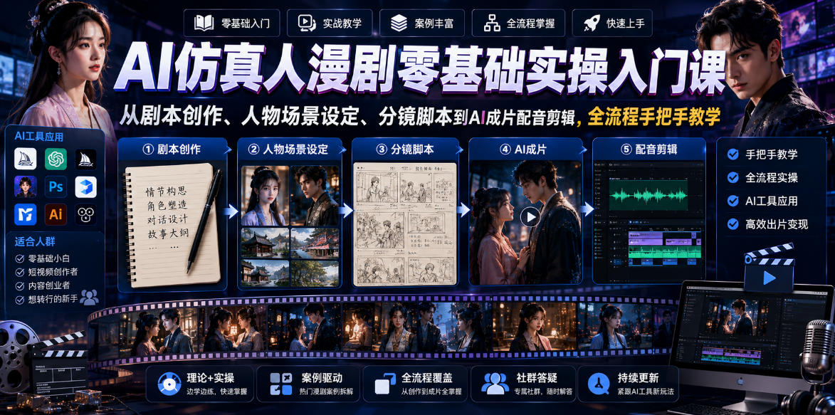 AI仿真人漫剧零基础实操入门课，从剧本创作、人物场景设定、分镜脚本到AI成片配音剪辑，全流程手把手教学-悟思笔记，一个低调的学习营。