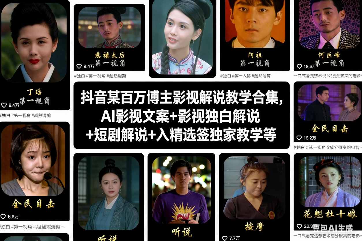 抖音某百万博主影视解说教学合集，AI影视文案+影视独白解说+短剧解说+入精选签独家教学等-悟思笔记，一个低调的学习营。