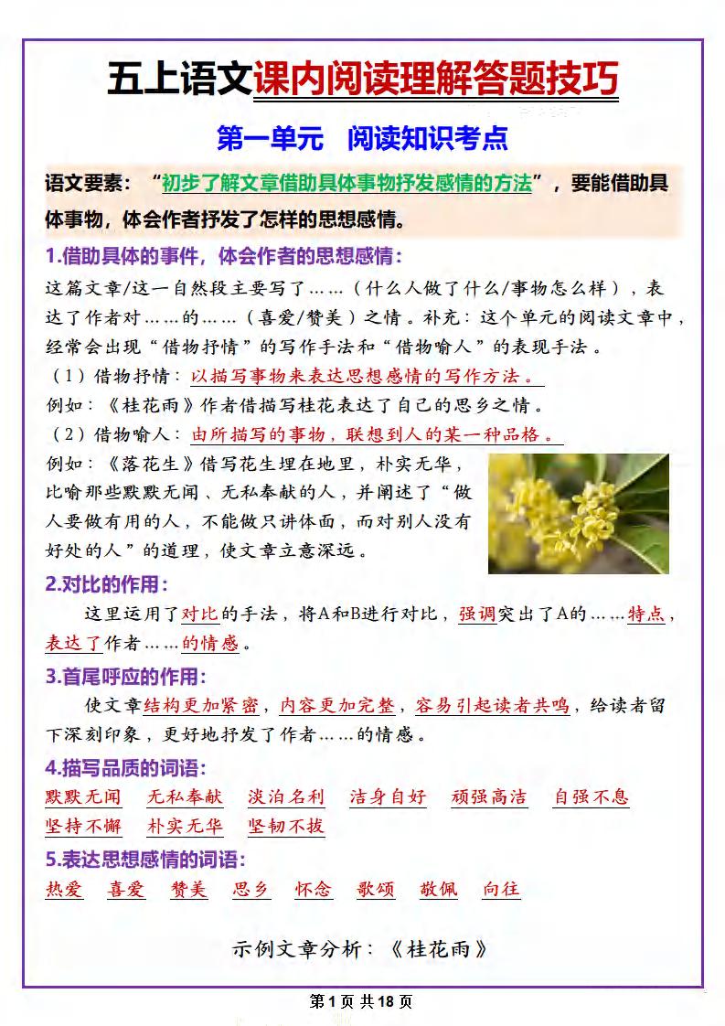 五年级上册语文课内阅读理解答题技巧-悟思笔记，一个低调的学习营。