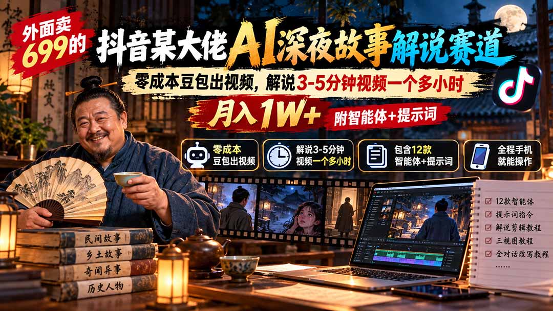 外面卖699抖音某大佬AI深夜故事解说赛道-更新：0成本豆包出视频+解说3-5分钟视频一个多小时，月入1W+附智能体+提示词-悟思笔记，一个低调的学习营。
