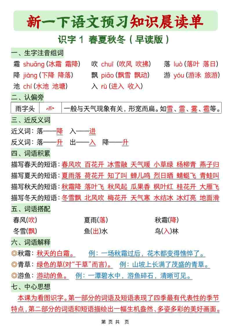 一年级下语文26春预习知识晨读单-悟思笔记，一个低调的学习营。