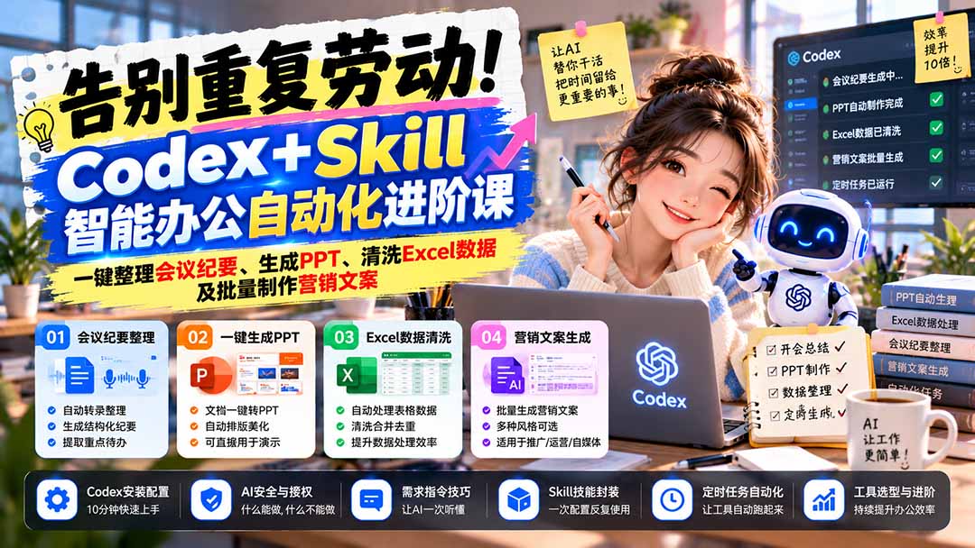告别重复劳动！Codex+Skill智能办公自动化进阶课：一键整理会议纪要、生成PPT、清洗Excel数据及批量制作营销文案-悟思笔记，一个低调的学习营。