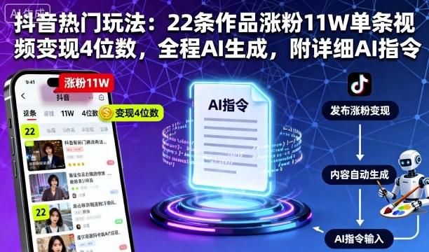 抖音热门玩法：22条作品涨粉11W单条视频变现4位数，全程AI生成，附详细AI指令-悟思笔记，一个低调的学习营。