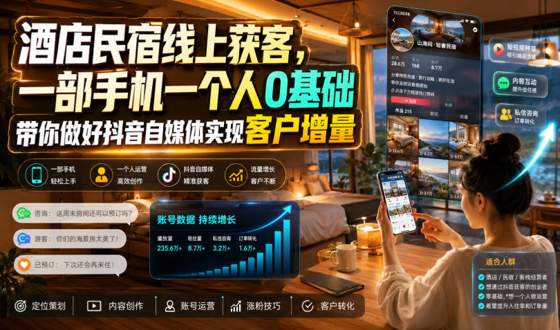 酒店民宿线上获客，一部手机一个人0基础带你做好抖音自媒体实现客户增量-悟思笔记，一个低调的学习营。