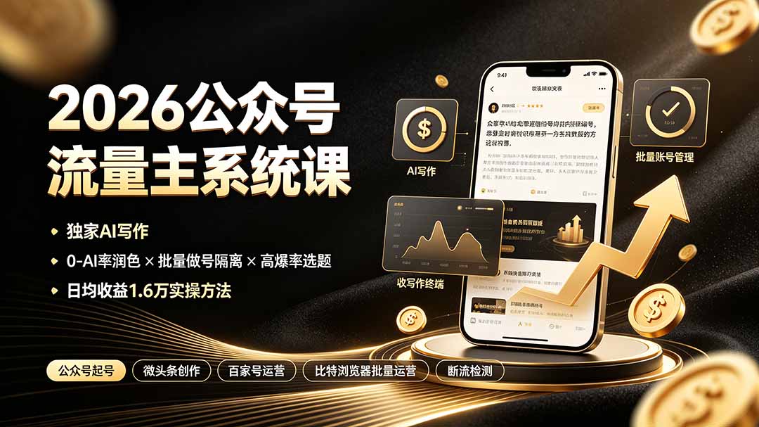 2026公众号流量主系统课：独家AI写作×0-AI率润色×批量做号隔离×高爆率选题，日均收益1.6万实操方法-悟思笔记，一个低调的学习营。