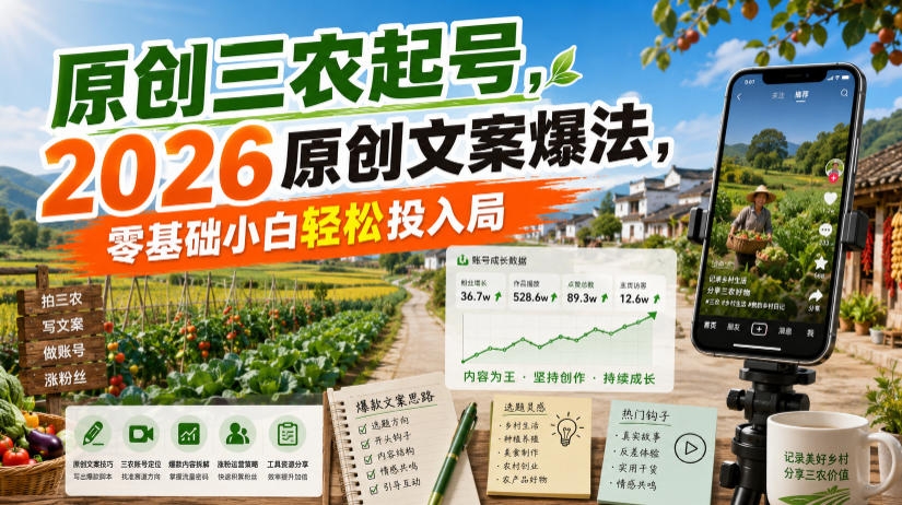 原创三农起号，2026原创文案爆法，零基础小白轻松投入局-悟思笔记，一个低调的学习营。