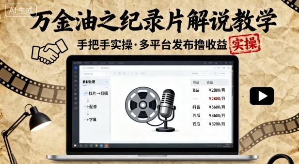 万金油之纪录片解说教学，手把手教你，完全实操，多平台发布撸收益-悟思笔记，一个低调的学习营。