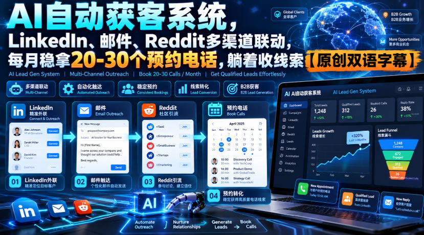 【无水印】AI自动获客系统，LinkedIn、邮件、Reddit多渠道联动，每月稳拿20-30个预约电话，躺着收线索【原创双语字幕】-悟思笔记，一个低调的学习营。