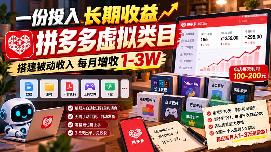 一份投入长期收益，拼多多虚拟类目，搭建被动收入每月增收 1-3W-悟思笔记，一个低调的学习营。