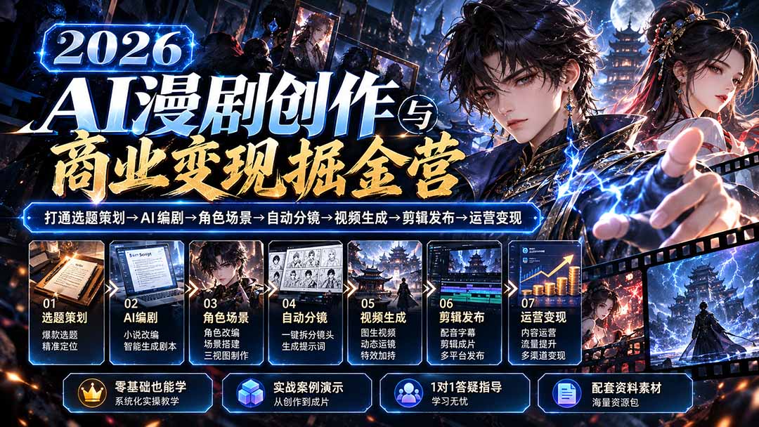 【无水印】2026AI漫剧创作与商业变现掘金营：打通选题→AI编剧→角色场景→自动分镜→视频生成→剪辑发布→运营变现-悟思笔记，一个低调的学习营。