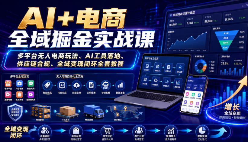 AI+电商全域掘金实战课｜多平台无人电商玩法、AI工具落地、供应链合规、全域变现闭环全套教程-悟思笔记，一个低调的学习营。
