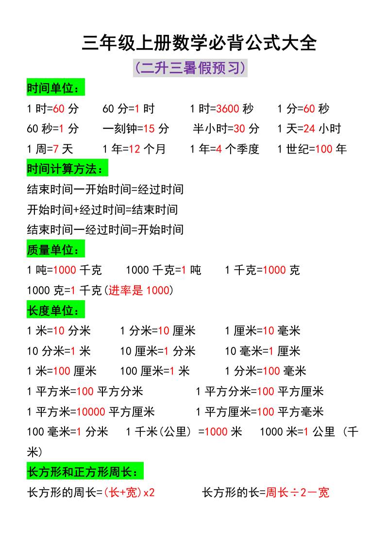 三年级上册数学必背公式大全-悟思笔记，一个低调的学习营。