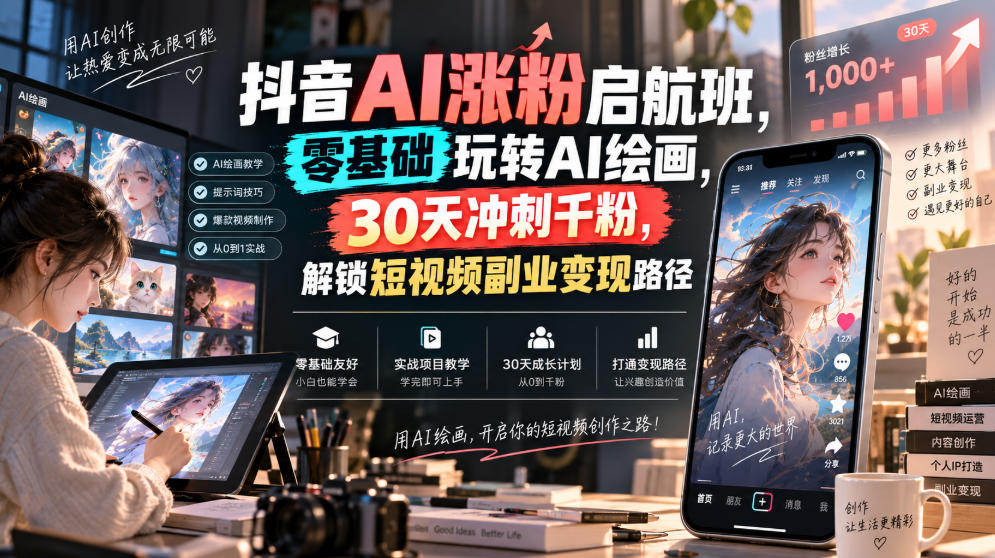 抖音AI涨粉启航班，零基础玩转AI绘画，30天冲刺千粉，解锁短视频副业变现路径-悟思笔记，一个低调的学习营。