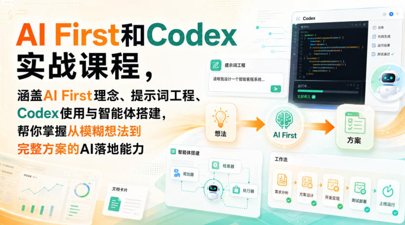 AI First和Codex实战课，涵盖AI First理念、提示词工程、Codex使用与智能体搭建，掌握从模糊想法到完整方案的AI落地能力-悟思笔记，一个低调的学习营。