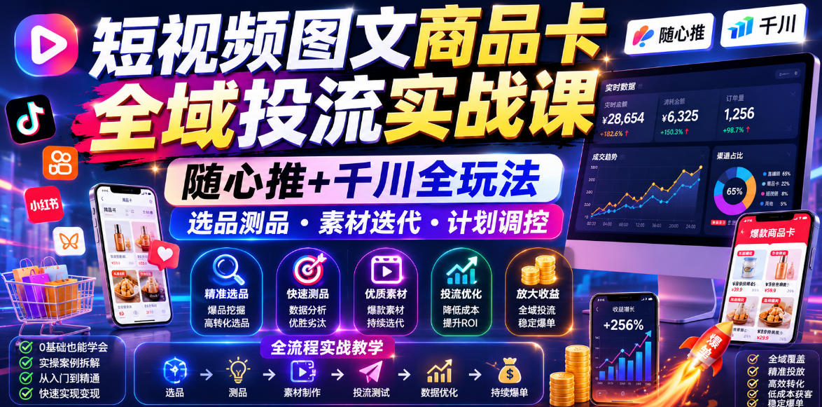 短视频图文商品卡全域投流实战课，随心推+千川全玩法，选品测品・素材迭代・计划调控，提升ROI爆单增收教程-悟思笔记，一个低调的学习营。