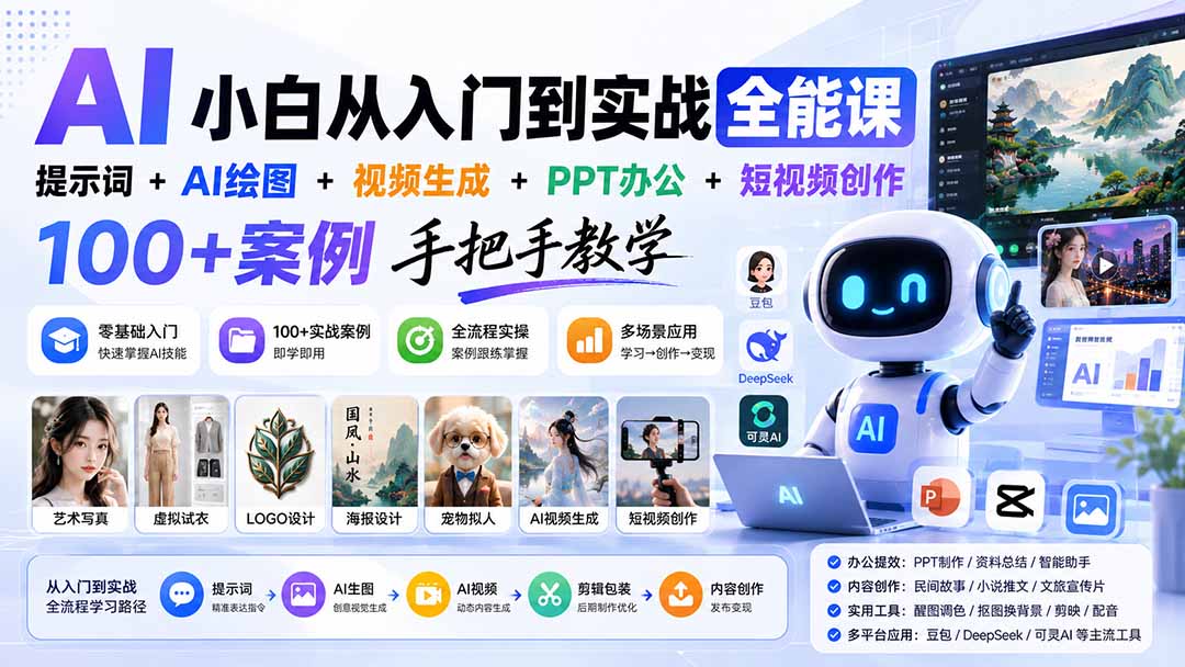 AI小白从入门到实战全能课：提示词+AI绘图+视频生成+PPT办公+短视频创作，100+案例手把手教学-悟思笔记，一个低调的学习营。