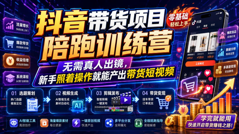 抖音带货项目陪跑训练营，无需真人出镜，新手照着操作就能产出带货短视频-悟思笔记，一个低调的学习营。