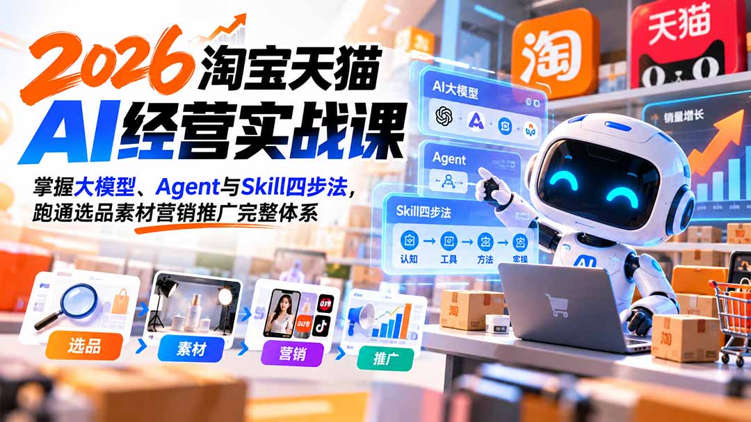 【无水印】2026淘宝天猫AI经营实战课：掌握大模型、Agent与Skill四步法，跑通选品素材营销推广完整体系-悟思笔记，一个低调的学习营。