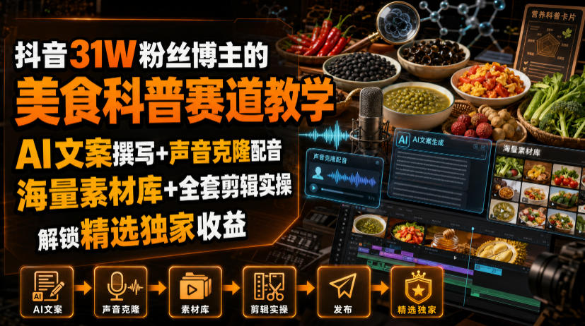 抖音31W粉丝博主的美食科普赛道教学，AI文案撰写+声音克隆配音+剪辑实操，解锁精选独家收益-悟思笔记，一个低调的学习营。