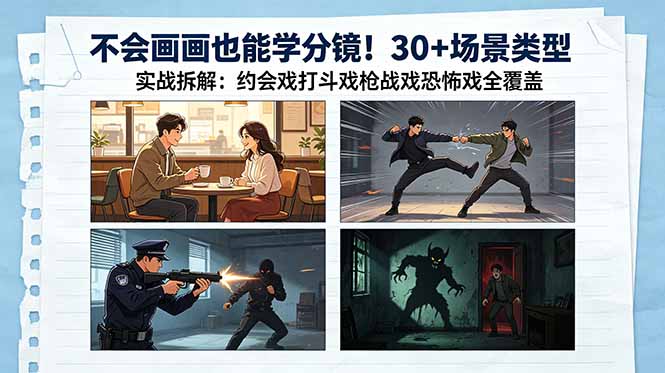 不会画画也能学分镜！30+场景类型实战拆解：约会戏打斗戏枪战戏恐怖戏全覆盖-悟思笔记，一个低调的学习营。