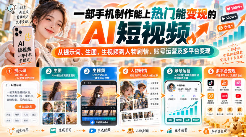 【无水印】一部手机制作能上热门能变现的AI短视频，从提示词、生图、生视频到人物剧情、账号运营及多平台变现(更新)-悟思笔记，一个低调的学习营。