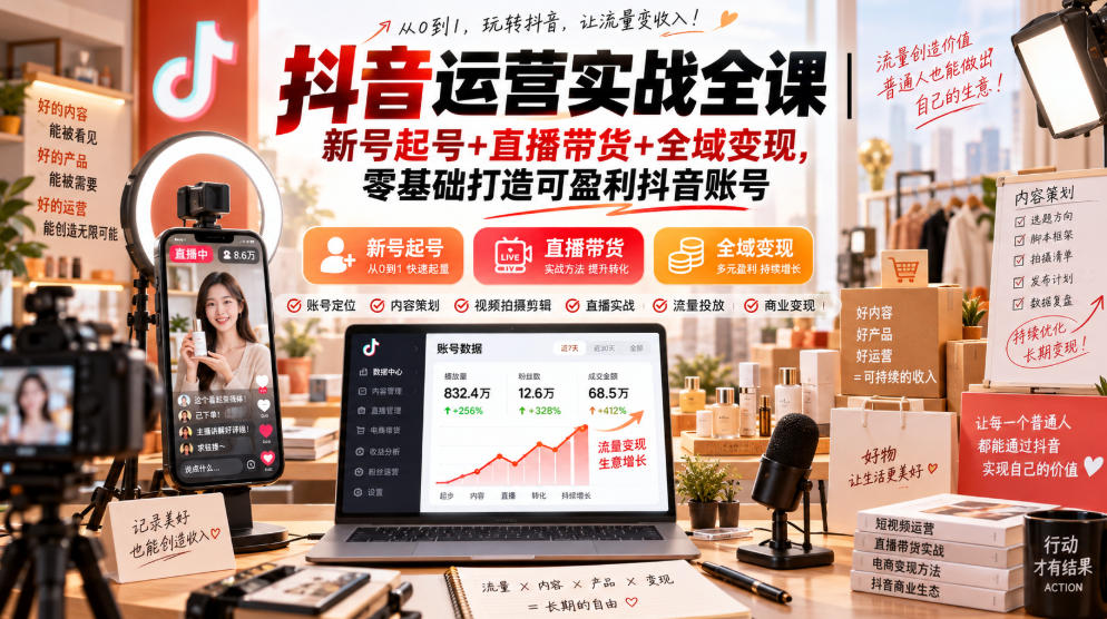 抖音运营实战全课｜新号起号+直播带货+全域变现，零基础打造可盈利抖音账号-悟思笔记，一个低调的学习营。