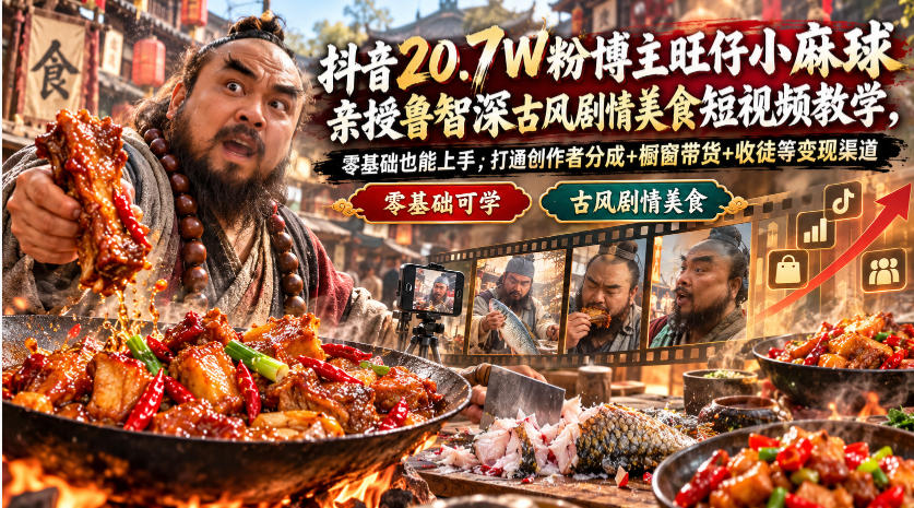抖音20.7W粉博主旺仔小麻球亲授鲁智深古风剧情美食短视频教学，零基础也能上手，打通创作者分成+橱窗带货+收徒等变现渠道-悟思笔记，一个低调的学习营。