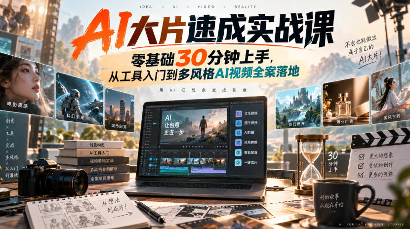 AI大片速成实战课｜零基础30分钟上手，从工具入门到多风格AI视频全案落地​-悟思笔记，一个低调的学习营。