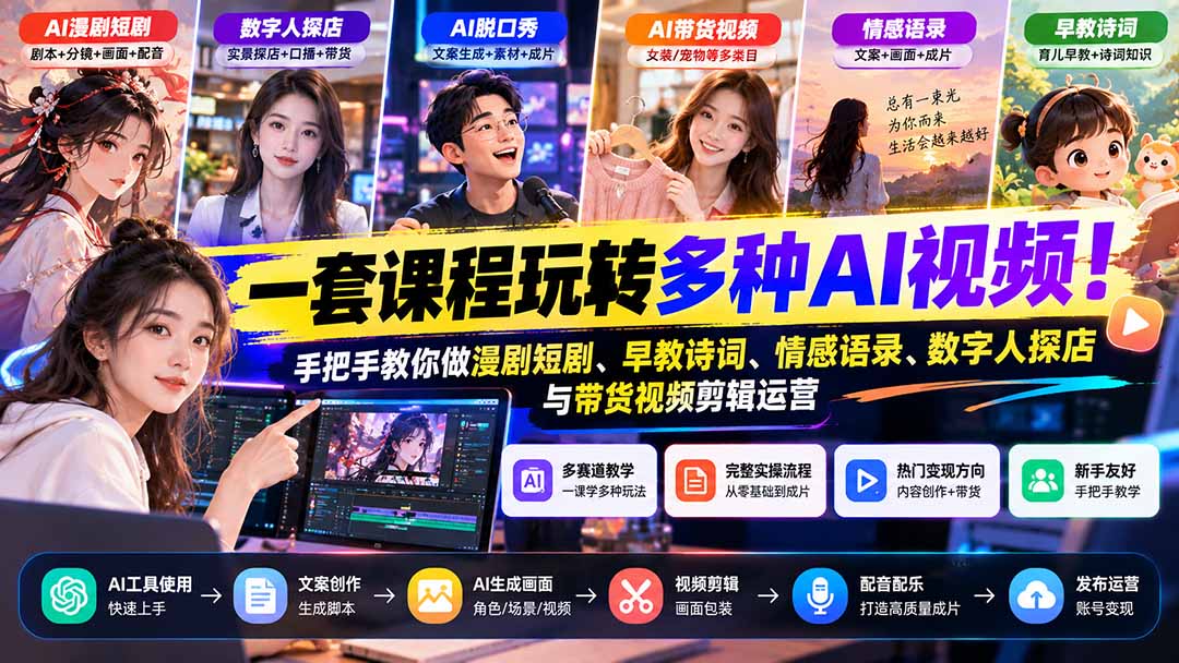 【无水印】一套课程玩转多种AI视频！手把手教你做漫剧短剧、早教诗词、情感语录、数字人探店与带货视频剪辑运营-悟思笔记，一个低调的学习营。