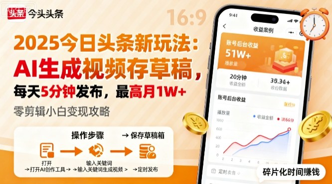 2025年今日头条躺賺新玩法，AI生成视频存草稿，每天5分钟发布，最高月1W+【揭秘】-悟思笔记，一个低调的学习营。