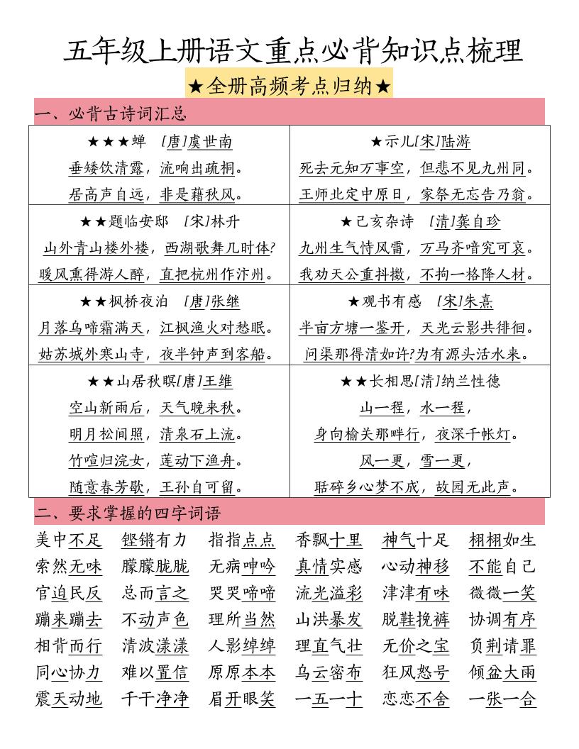 五上语文重点必背知识点梳理-悟思笔记，一个低调的学习营。
