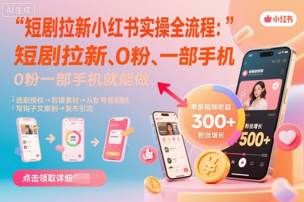 短剧拉新小红书实操全流程，0粉一部手机就可以做，详细教程-悟思笔记，一个低调的学习营。