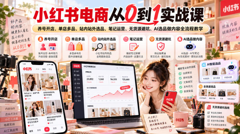 小红书电商从0到1实战课｜养号开店、单店多品、站内站外选品、笔记运营、无货源避坑、AI选品做内容全流程教学-悟思笔记，一个低调的学习营。