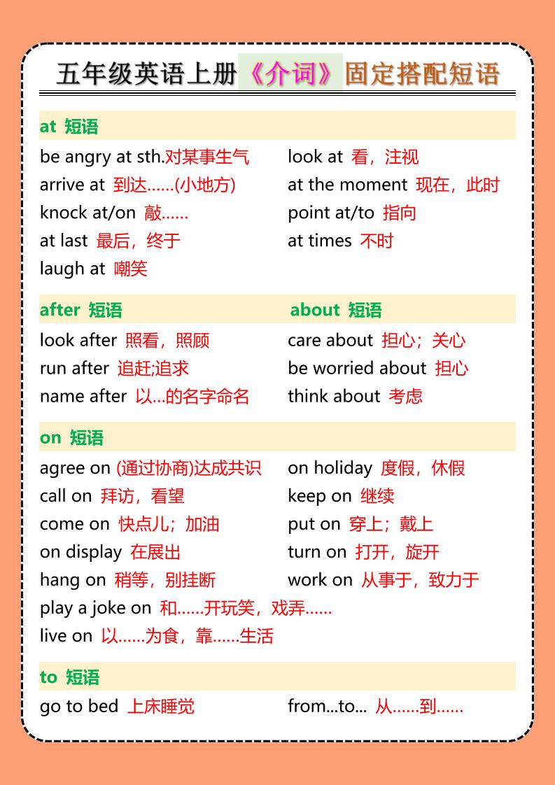 五年级英语上册《介词》固定搭配短语-悟思笔记，一个低调的学习营。