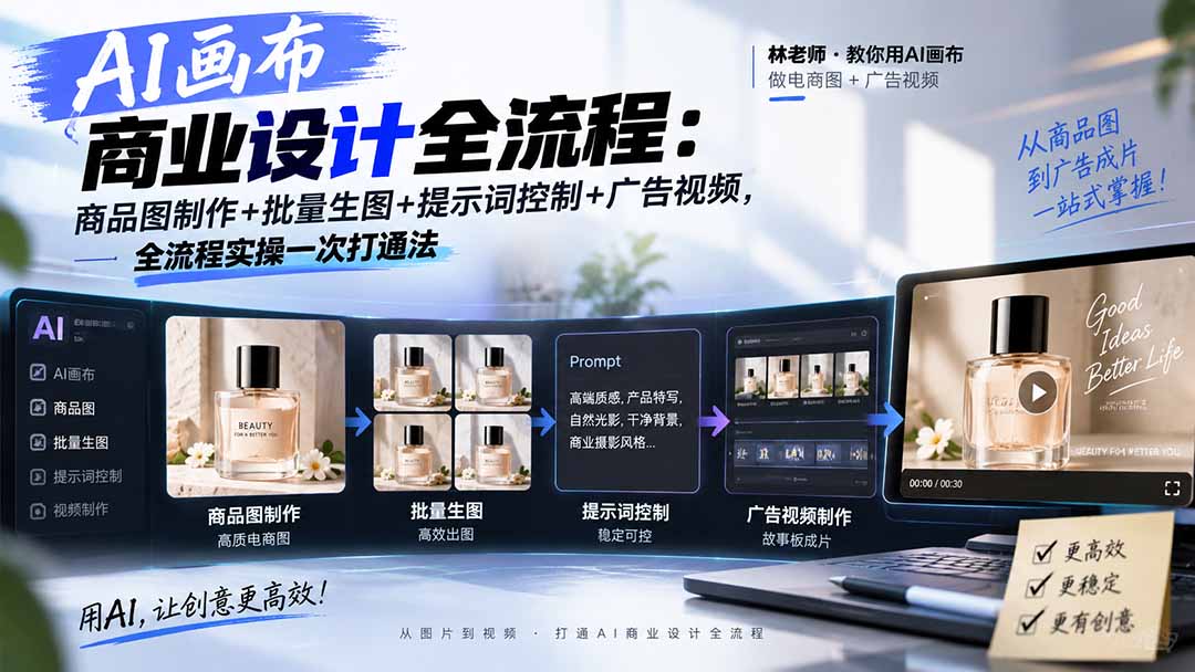 AI画布商业设计全流程-更新1026：商品图制作+批量生图+提示词控制+广告视频，全流程实操一次打通法-悟思笔记，一个低调的学习营。
