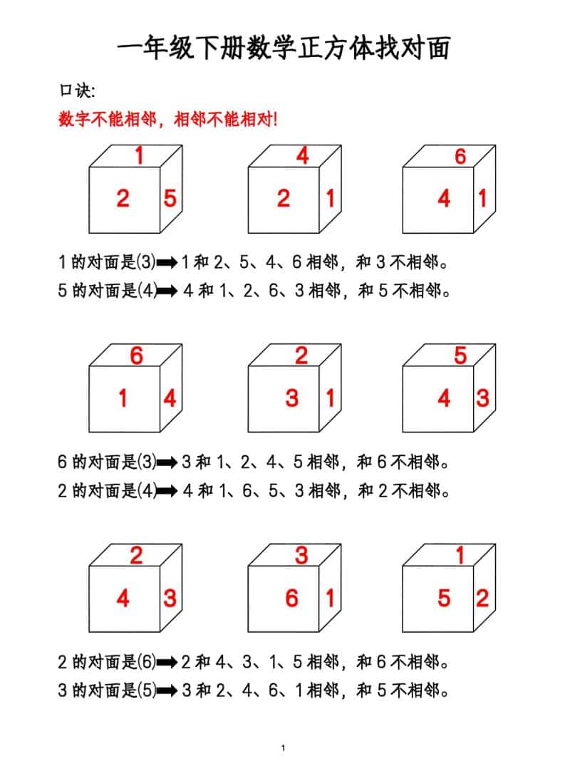 一年级下数学正方体找对面专项练2-悟思笔记，一个低调的学习营。