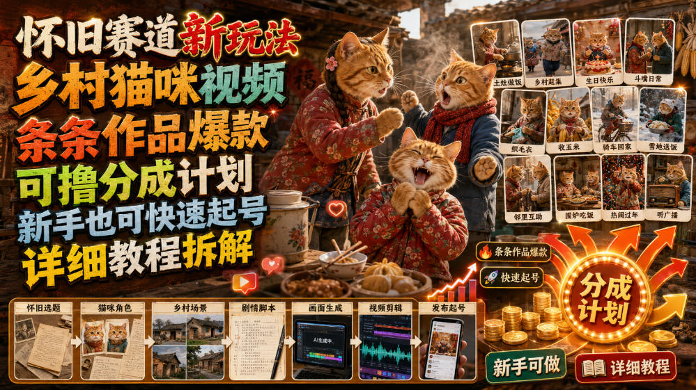 怀旧赛道新玩法，乡村猫咪视频，条条作品爆款，可撸分成计划，新手也可快速起号，详细教程拆解-悟思笔记，一个低调的学习营。