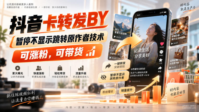 抖音卡转发搬运，暂停不显示跳转原作者技术，可涨粉，可带货-悟思笔记，一个低调的学习营。
