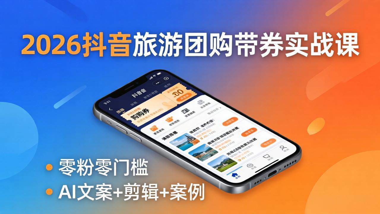 2026抖音旅游团购带券实战课：零粉零门槛，AI文案+剪辑+案例，躺着赚门票佣金-悟思笔记，一个低调的学习营。