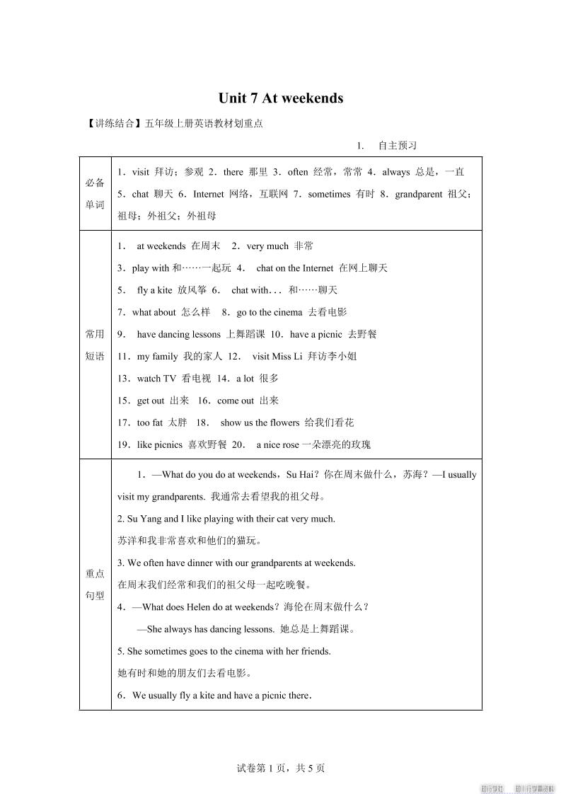 【单元热点难点】译林版（三起）英语五年级上册Unit7Atweekends教材划重点-悟思笔记，一个低调的学习营。