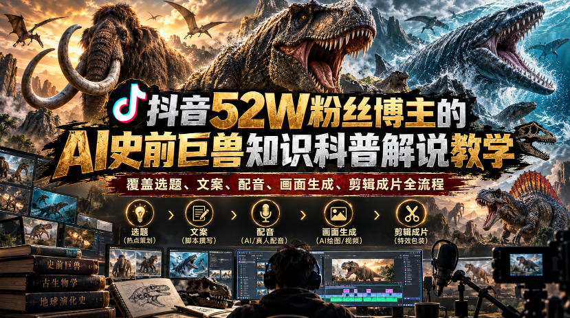 抖音52W粉丝博主的AI史前巨兽知识科普解说教学，覆盖选题、文案、配音、画面生成、剪辑成片全流程-悟思笔记，一个低调的学习营。