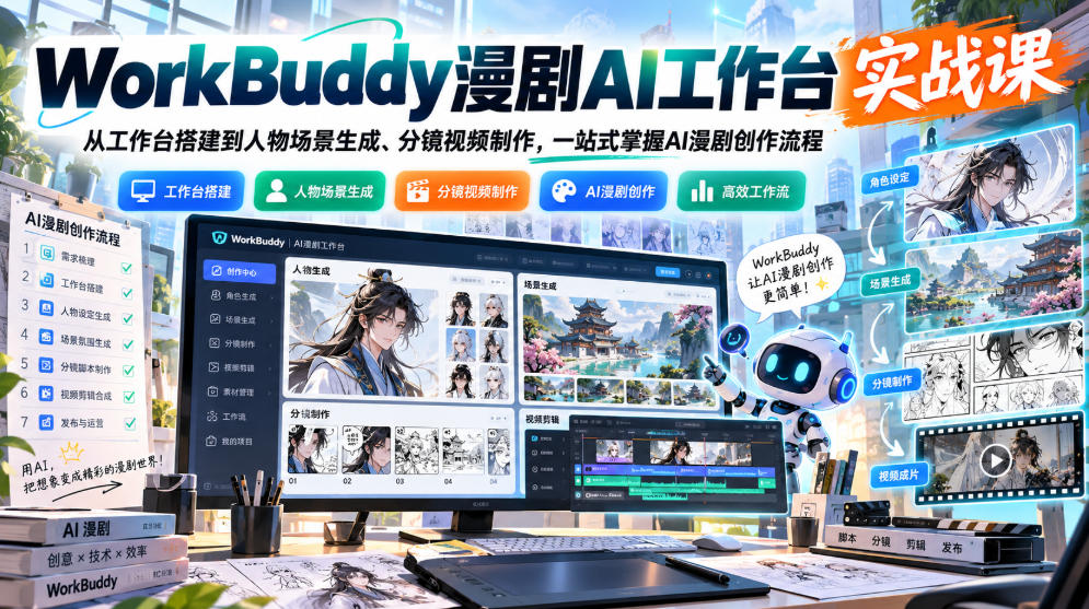 WorkBuddy漫剧AI工作台实战课：从工作台搭建到人物场景生成、分镜视频制作，一站式掌握AI漫剧创作流程-悟思笔记，一个低调的学习营。