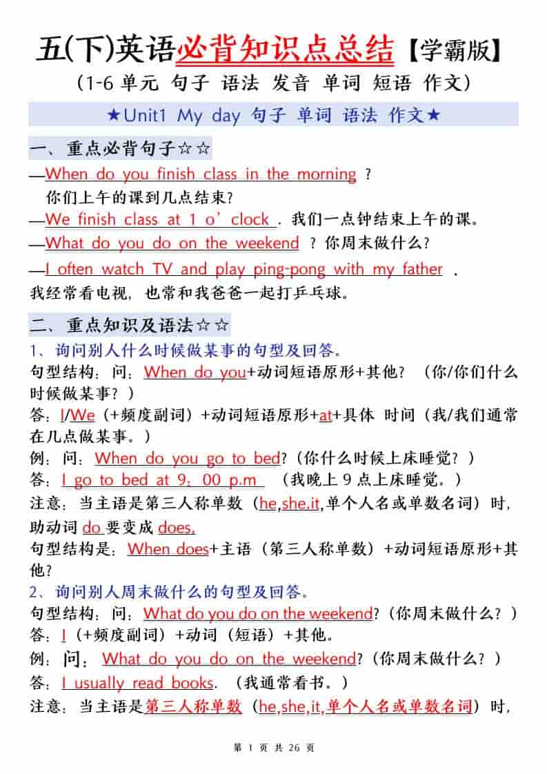 五年级下英语知识点归纳《人教PEP》-悟思笔记，一个低调的学习营。