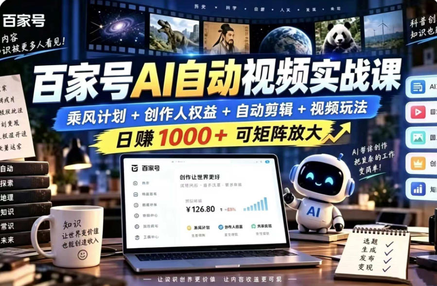 百家号自动矩阵玩法，长期可以做的项目，日入1k+，真正的睡后收入-悟思笔记，一个低调的学习营。