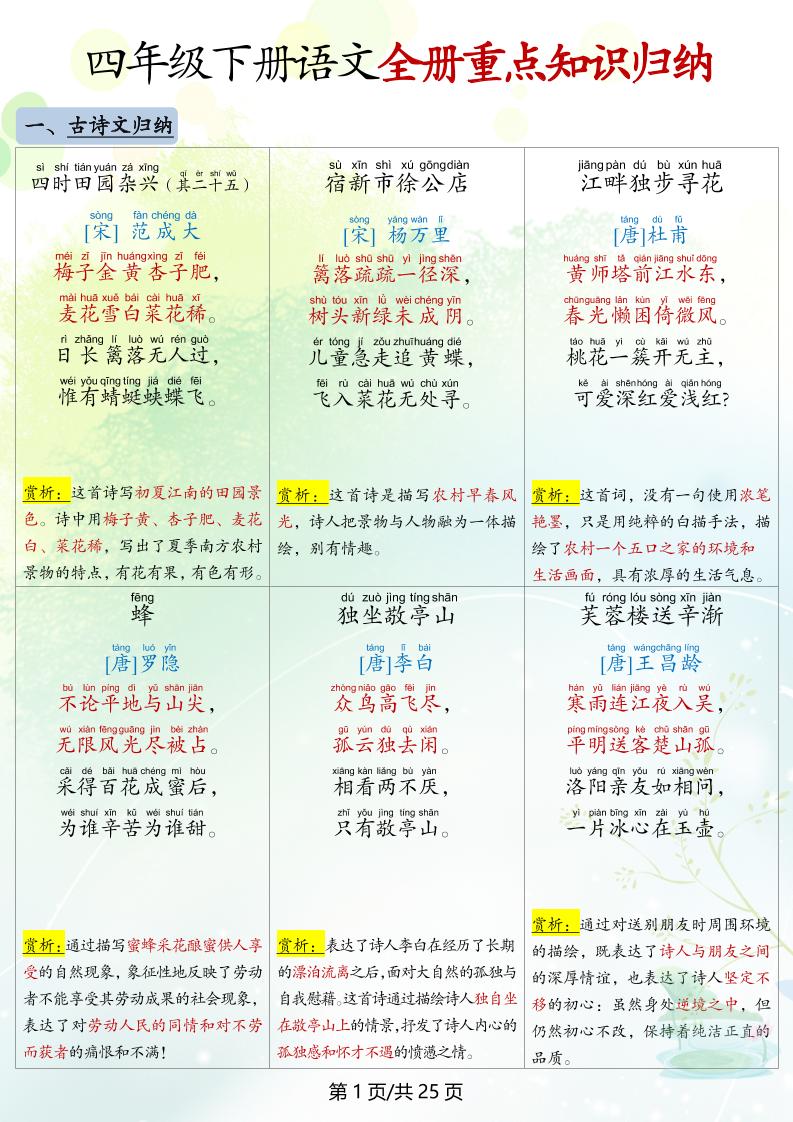 四下语文全册重点知识归纳-悟思笔记，一个低调的学习营。