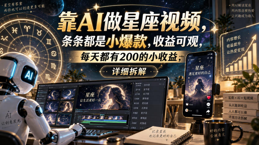 靠AI做星座视频，条条都是小爆款，收益可观，每天都有200的小收益，详细拆解-悟思笔记，一个低调的学习营。