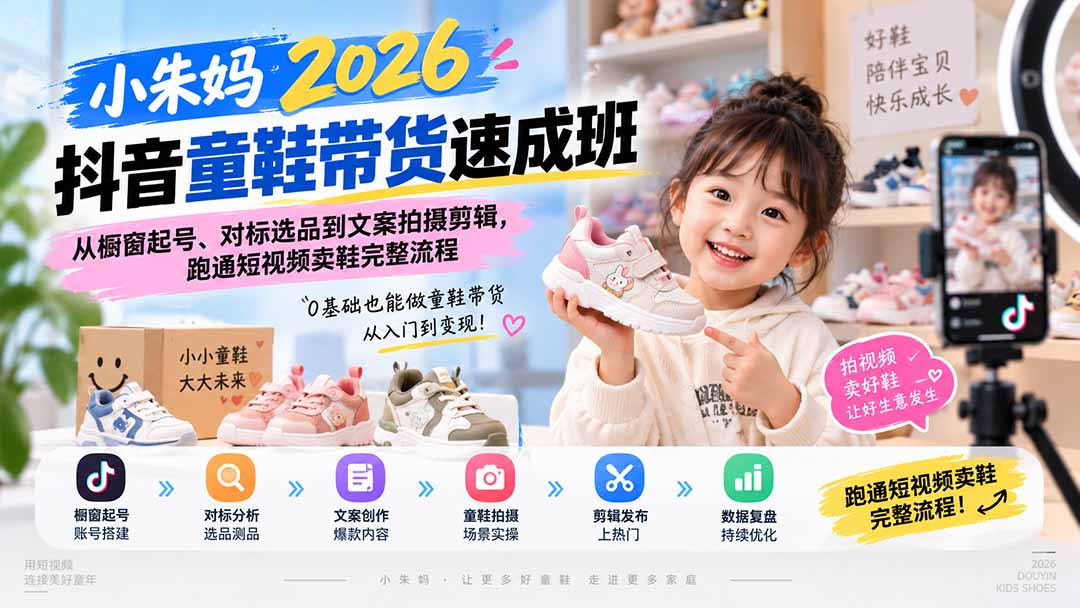 小朱妈2026抖音童鞋带货速成班：从橱窗起号、对标选品到文案拍摄剪辑，跑通短视频卖鞋完整流程-悟思笔记，一个低调的学习营。