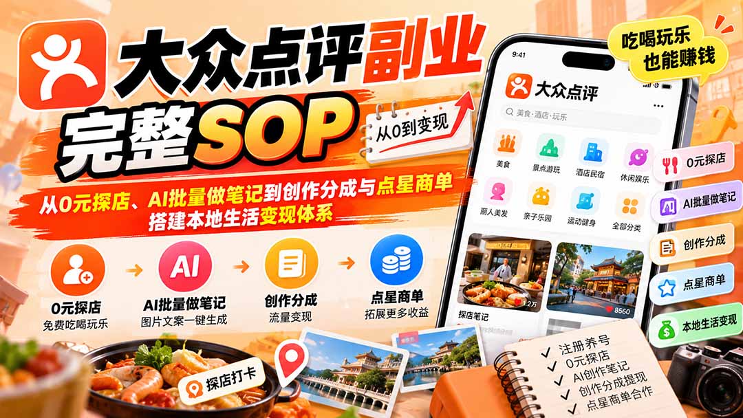 【无水印】大众点评副业完整SOP：从0元探店、AI批量做笔记到创作分成与点星商单，搭建本地生活变现体系-悟思笔记，一个低调的学习营。