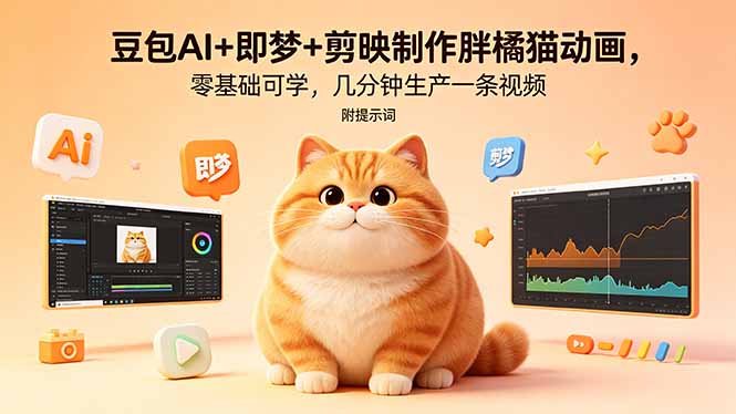 豆包AI+即梦+剪映制作胖橘猫动画，零基础可学，几分钟生产一条视频，附提示词-悟思笔记，一个低调的学习营。