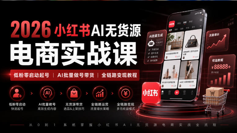 2026小红书AI无货源电商实战课｜低粉零启动起号｜AI批量做号带货全链路变现教程-悟思笔记，一个低调的学习营。